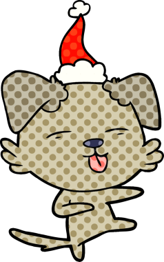 Bir insan tarafından çizilmiş Noel Baba şapkası takan bir köpeğin el çizimi çizgi roman tasviri.