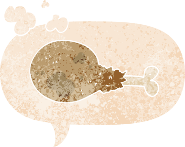 çizgi film pişirilmiş tavuk budu ve konuşma baloncuğu bir insan tarafından çizilmiş dertli retro stili.