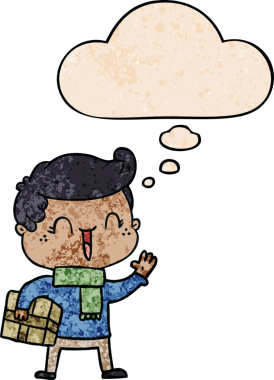 Bir insan tarafından çizilmiş grunge desenli düşünce baloncuğu olan gülen çocuk.