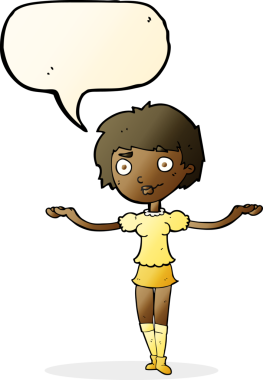 Bir insan tarafından çizilen konuşma baloncuğuyla kollarını açan çizgi film kadını.