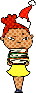 Bir insan tarafından çizilmiş Noel Baba şapkası giyen bir kadının el çizimi çizgi roman tarzı çizimi.