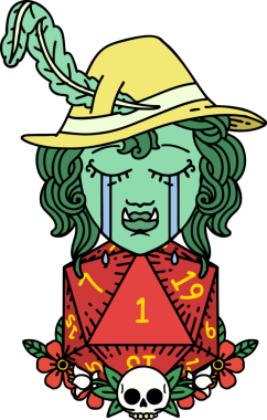 Retro Dövme Biçimi Ağlayan Ozan Ozan Karakteri Bir insan tarafından çizilmiş doğal bir D20 rulosu