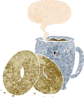 Bir insan tarafından çizilmiş grunge dertli retro tarzı konuşma balonlu çizgi film kahveyi ve çörekleri