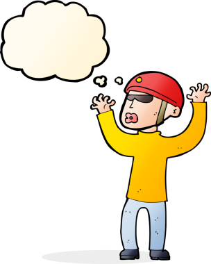 Bir insan tarafından çizilen düşünce baloncuğuyla panikleyen bir güvenlik görevlisi.