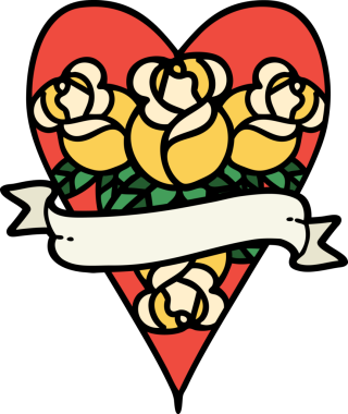 Geleneksel kalp şeklinde dövme ve bir insan tarafından çizilmiş çiçekli pankart.