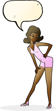 Bir insan tarafından çizilmiş konuşma balonuyla poz veren karikatür modeli kadın.