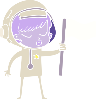 Düz renkli çizgi film. Güzel astronot kız. Bir insan tarafından çizilmiş bayrak.