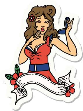 Geleneksel bir poster stiliyle dövme çıkartması. Bir insan tarafından çizilmiş pankartıyla şaşırmış bir kız.