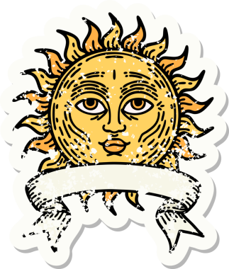 Bir insan tarafından çizilmiş güneşli eski bir etiket.