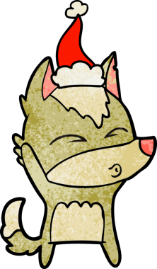 Bir insanın çizdiği Noel Baba şapkasıyla ıslık çalan bir kurdun el çizimi karikatürü.