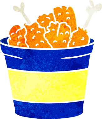 El çizimi retro çizgi film. Bir insan tarafından çizilmiş kızarmış tavuk kovası.