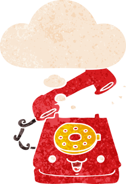 Grunge 'da düşünce baloncuğu olan sevimli çizgi film telefonu bir insan tarafından çizilmiş tedirgin geçmiş dokuma tarzı.