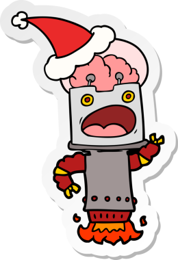 Bir insan tarafından çizilmiş Noel Baba şapkası giyen bir robotun el çizimi karikatürü.