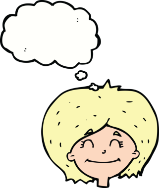 Bir insan tarafından çizilmiş düşünce baloncuklu mutlu kadın yüzü.