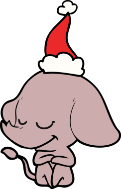 Bir insan tarafından çizilmiş Noel Baba şapkası giyen gülümseyen bir filin el çizimi.