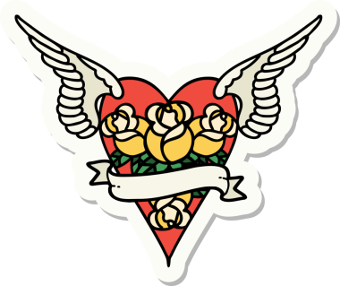 Geleneksel bir dövme stili. Uçan kalp. Çiçekler ve bir insan tarafından çizilmiş bayrak.