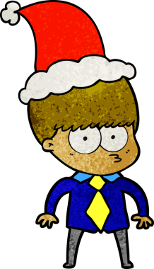 Tişört ve kravat takan, Noel Baba şapkası takan bir çocuğun çizilmiş el çizimi karikatürü.