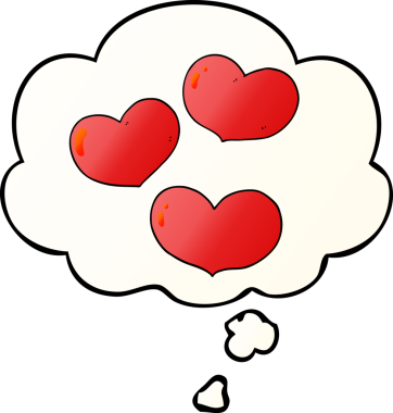insan tarafindan çizilmis, dusunce baloncugu olan karikatür ask kalpleri.
