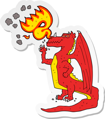 Bir çizgi film çıkartması. Mutlu ejderha, bir insan tarafından çizilmiş ateş soluyor.