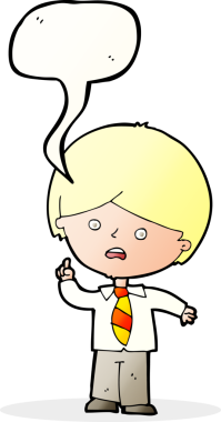 Çizgi film endişeli okul çocuğu bir insan tarafından çizilmiş konuşma balonuyla el kaldırıyor.