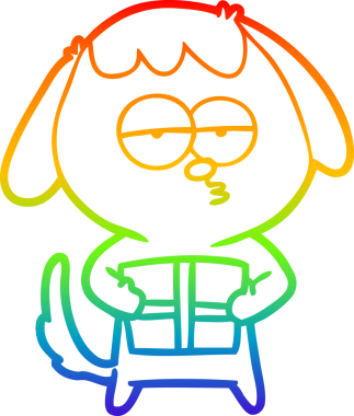 Gökkuşağı gradyan çizgi çizimi bir insan tarafından çizilmiş ve sıkılmış bir köpeğin Noel hediyesi.