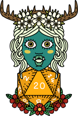 Retro Dövme Biçimi Yarı Ork Druid Bir insan tarafından çizilmiş 20 zar ile