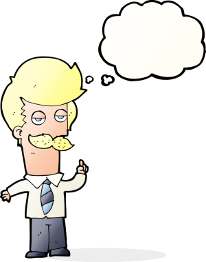 Bir insan tarafından çizilmiş düşünce baloncuğuyla açıklayan bıyıklı bir çizgi film.