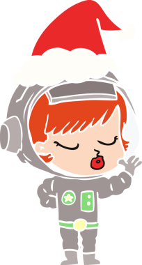 Bir insan tarafından çizilmiş Noel Baba şapkası giyen güzel bir astronot kızın el çizimi düz renk çizimi.