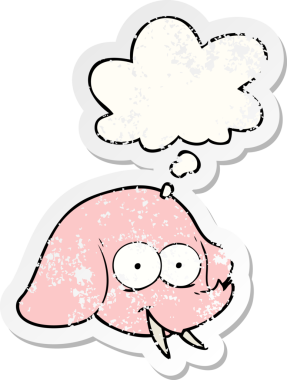 Düşünce baloncuklu karikatür fil yüzü insan tarafından çizilmiş yıpranmış bir çıkartma gibi.