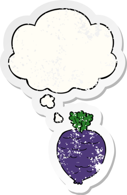 Düşünce baloncuğu olan karikatür kökü sebzesi insan tarafından çizilmiş yıpranmış bir çıkartma.