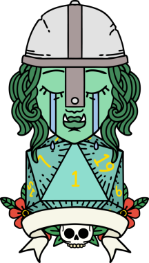 Retro Dövme Tarzı Ağlayan Ork Savaşçısı Karakteri Bir insan tarafından çizilmiş doğal bir D20 rulosu