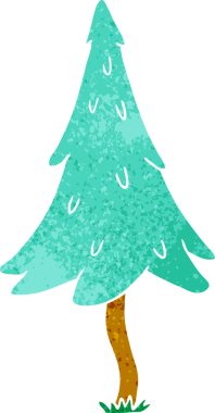 Bir insan tarafından çizilmiş ağaçlık çam ağaçlarının eski çizgi film karalaması.