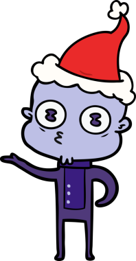 Bir insan tarafından çizilmiş Noel Baba şapkası giyen kel bir uzaylının el çizimi.