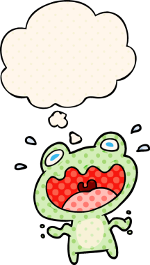 Çizgi roman tarzında bir insan tarafından çizilmiş düşünce baloncuğundan korkan çizgi film kurbağası.
