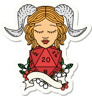 Bir insan tarafından çizilmiş doğal yirmi zarla yapıştırılmış bir etiket.