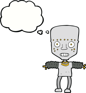 Bir insan tarafından çizilmiş düşünce baloncuklu çizgi film robotu