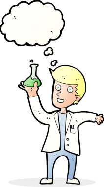 Bir insan tarafından çizilmiş düşünce baloncuğu olan mutlu bir bilim adamı.