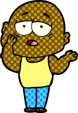 Bir insan tarafından çizilmiş yorgun, kel bir adam.