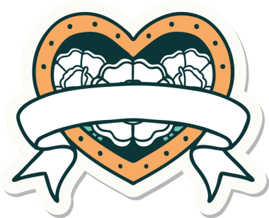 Geleneksel kalp stili dövme çıkartması ve bir insan tarafından çizilmiş çiçekli pankart.