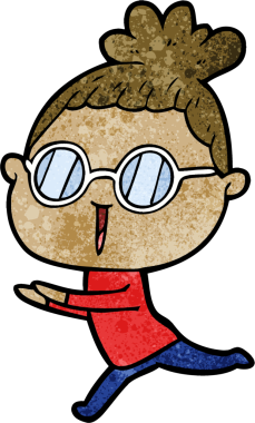 Bir insan tarafından çizilmiş gözlüklü bir karikatür kadın.