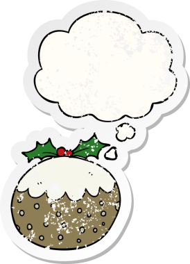 Düşünce baloncuklu Noel pudingi insan tarafından çizilmiş yıpranmış bir çıkartma.