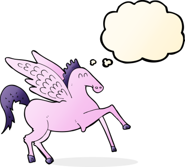 Bir insan tarafından çizilmiş düşünce baloncuklu karikatür pegasus.