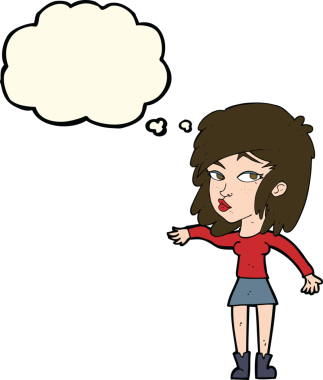 Bir insan tarafından çizilen düşünce baloncuğuyla serinkanlı davranan çizgi film kadını.