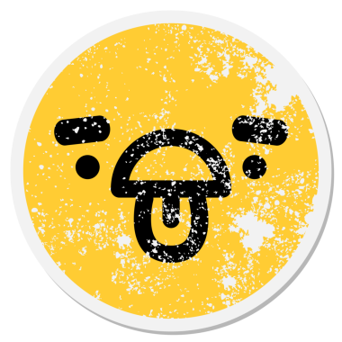 Büyük kaşları olan bitkin bir yüz. Bir insan tarafından çizilmiş dairesel bir çıkartma.