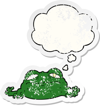 Düşünce baloncuğu olan çirkin kurbağa dertli bir çıkartma gibi bir insan tarafından çizilmiş.