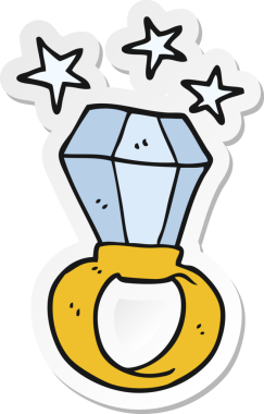 Bir çizgi filmin çıkartması. Bir insan tarafından çizilmiş kocaman bir nişan yüzüğü.