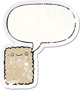 Konuşma balonlu çizgi film bisküvisi bir insan tarafından çizilmiş sıkıntılı eski bir çıkartma