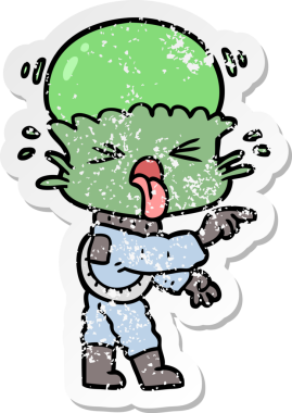 Bir insan tarafından çizilmiş garip bir uzaylı çizgi filminin sıkıntılı çıkartması.