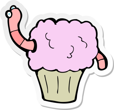 Kekin içinde bir insan tarafından çizilmiş solucan çizgi film etiketi.