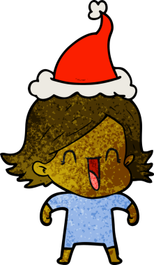 Bir insan tarafından çizilmiş Noel Baba şapkası giyen mutlu bir kadının el çizimi karikatürü.